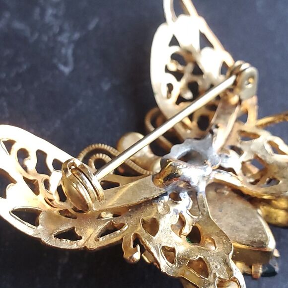 Gold Tone Butterfly Brooch Pin Green Purple Rhinestone Fancy Intricate 1.5 Inch - Picture 6 of 7